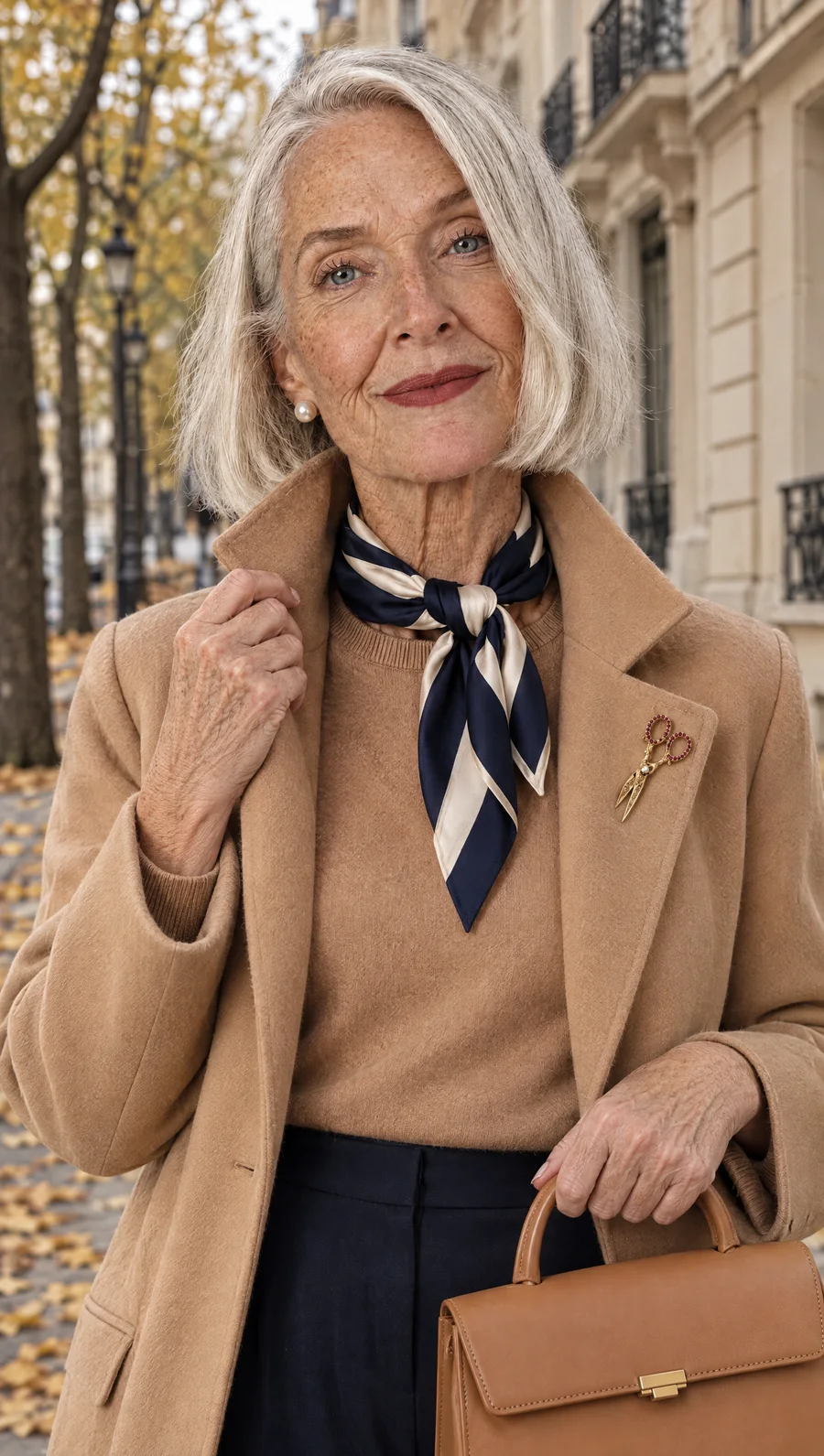 Margot in a camel coat on an autumn Paris street