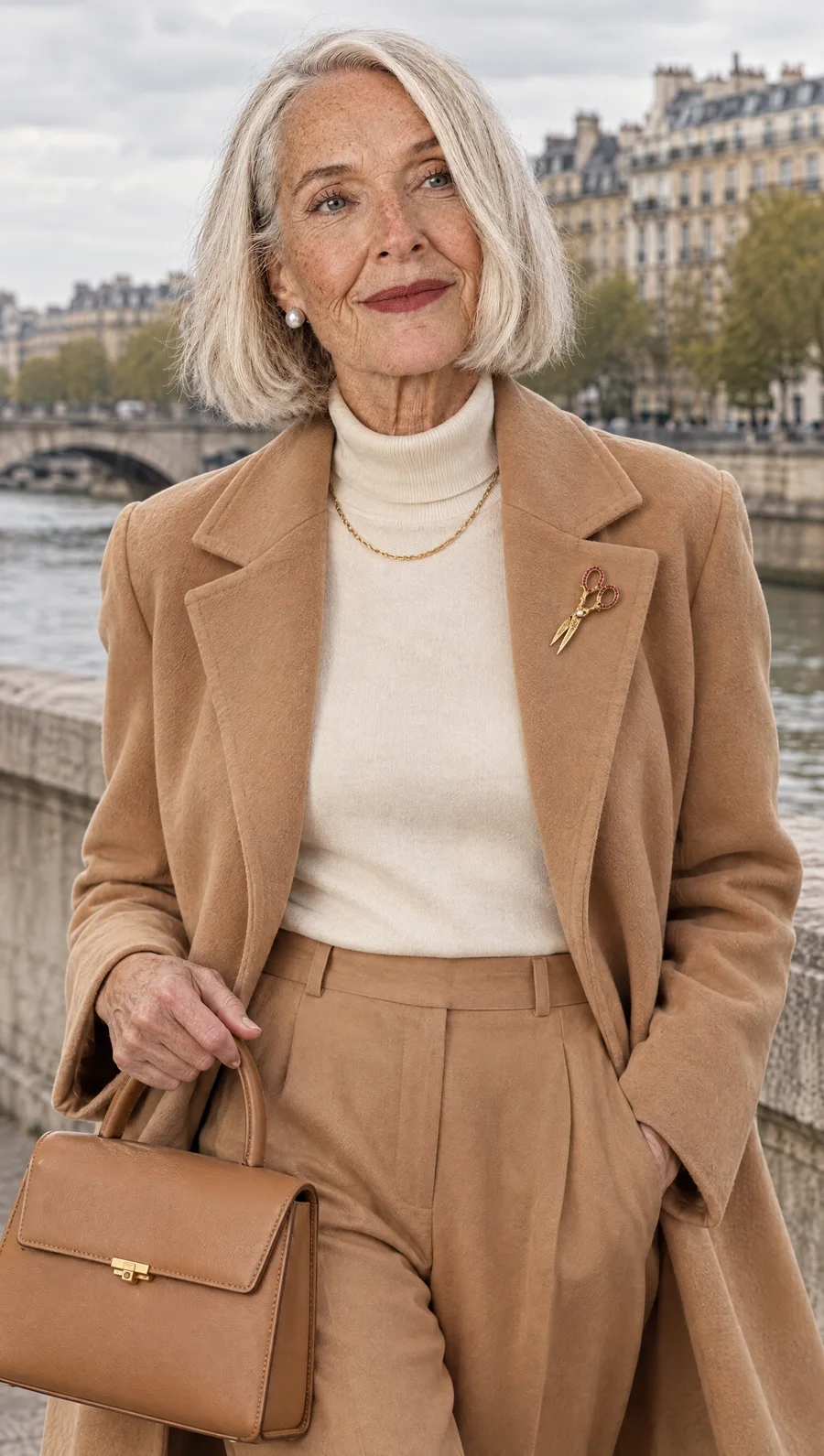 Margot in a camel coat by the Seine