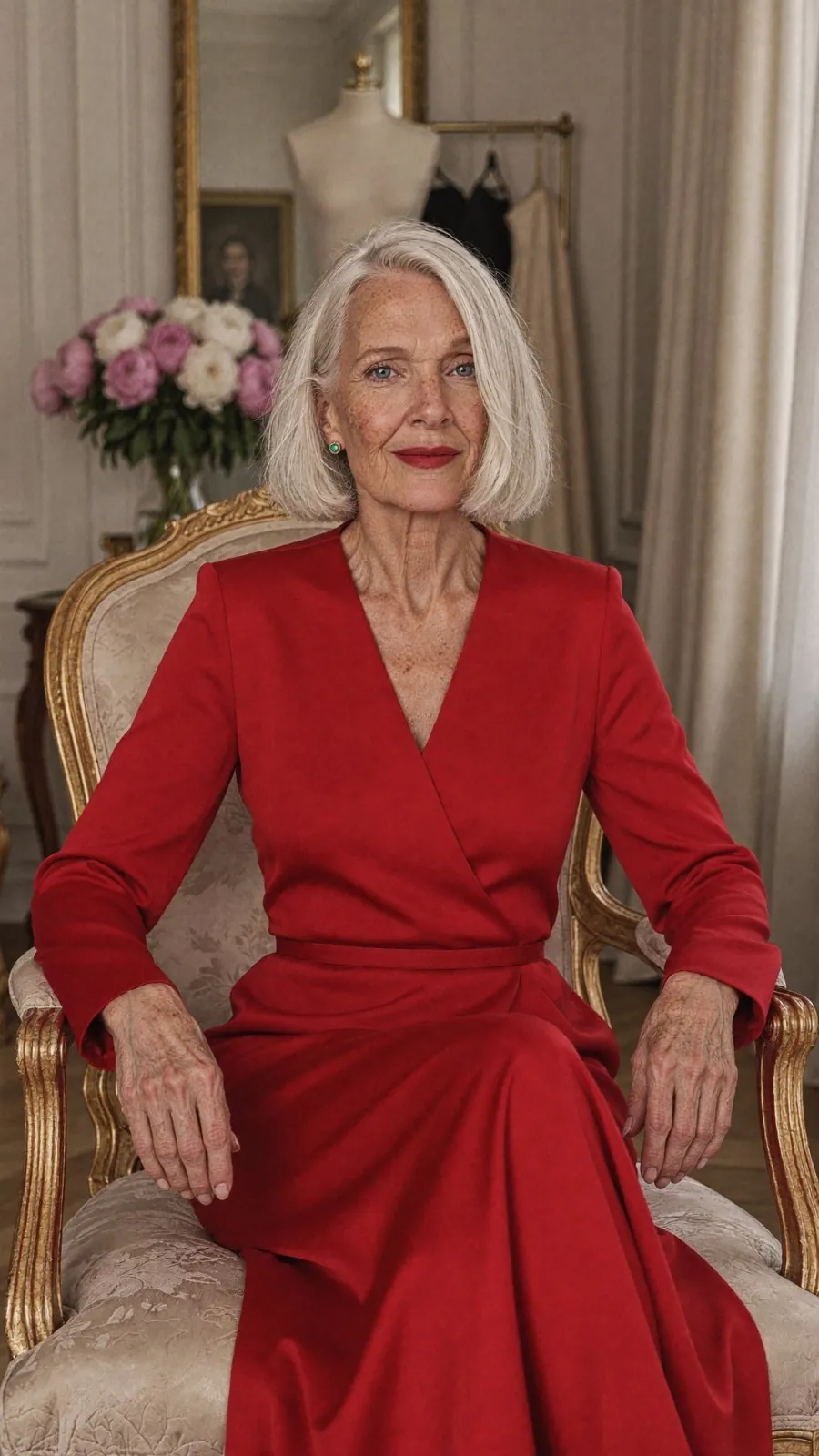 Margot in a red wrap dress in a Paris salon